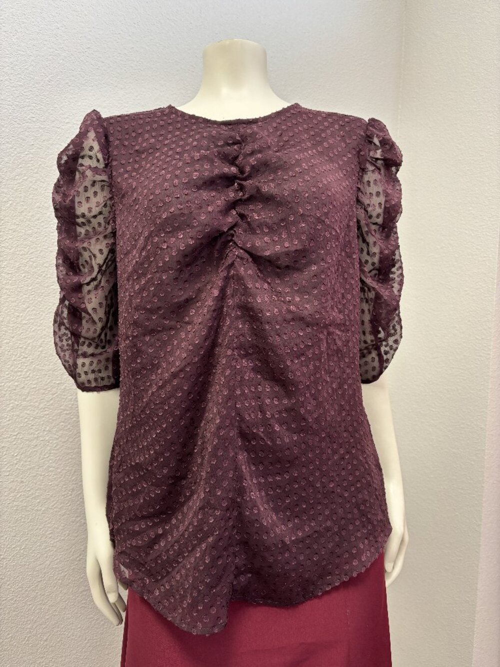 NWT, Express Large Plum Swiss Dot Ruched Blouse Sheer Puff Sleeves